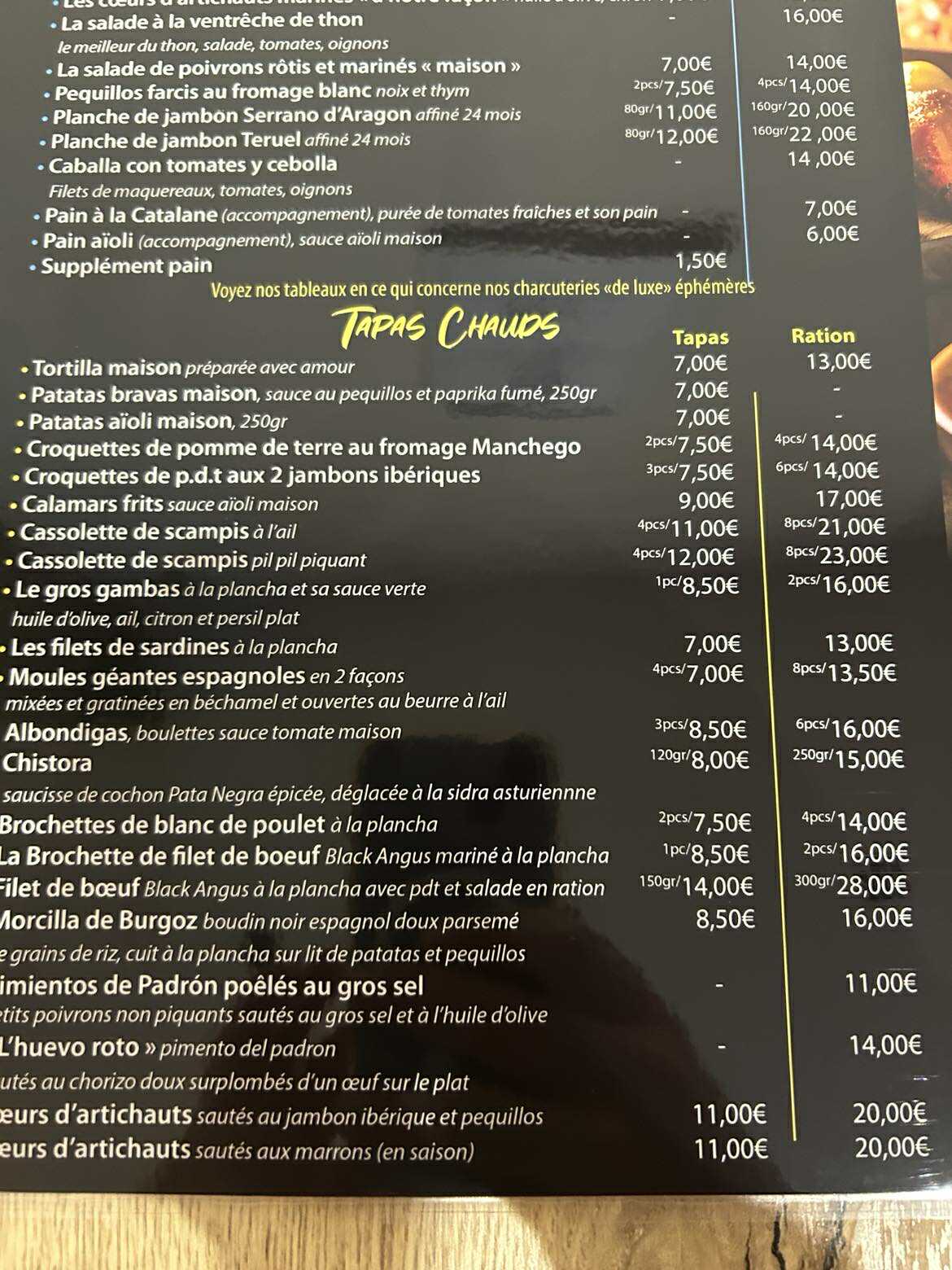 Carte Tapas Chauds